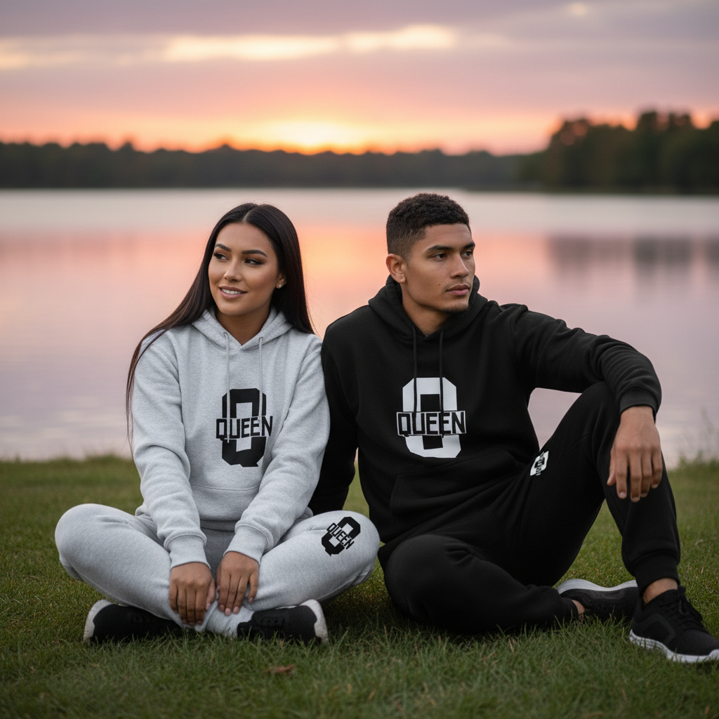 Stylish KING & QUEEN Printed Hooded Sweatshirt Set for Couples - Perfect for Casual Autumn & Winter Wear!